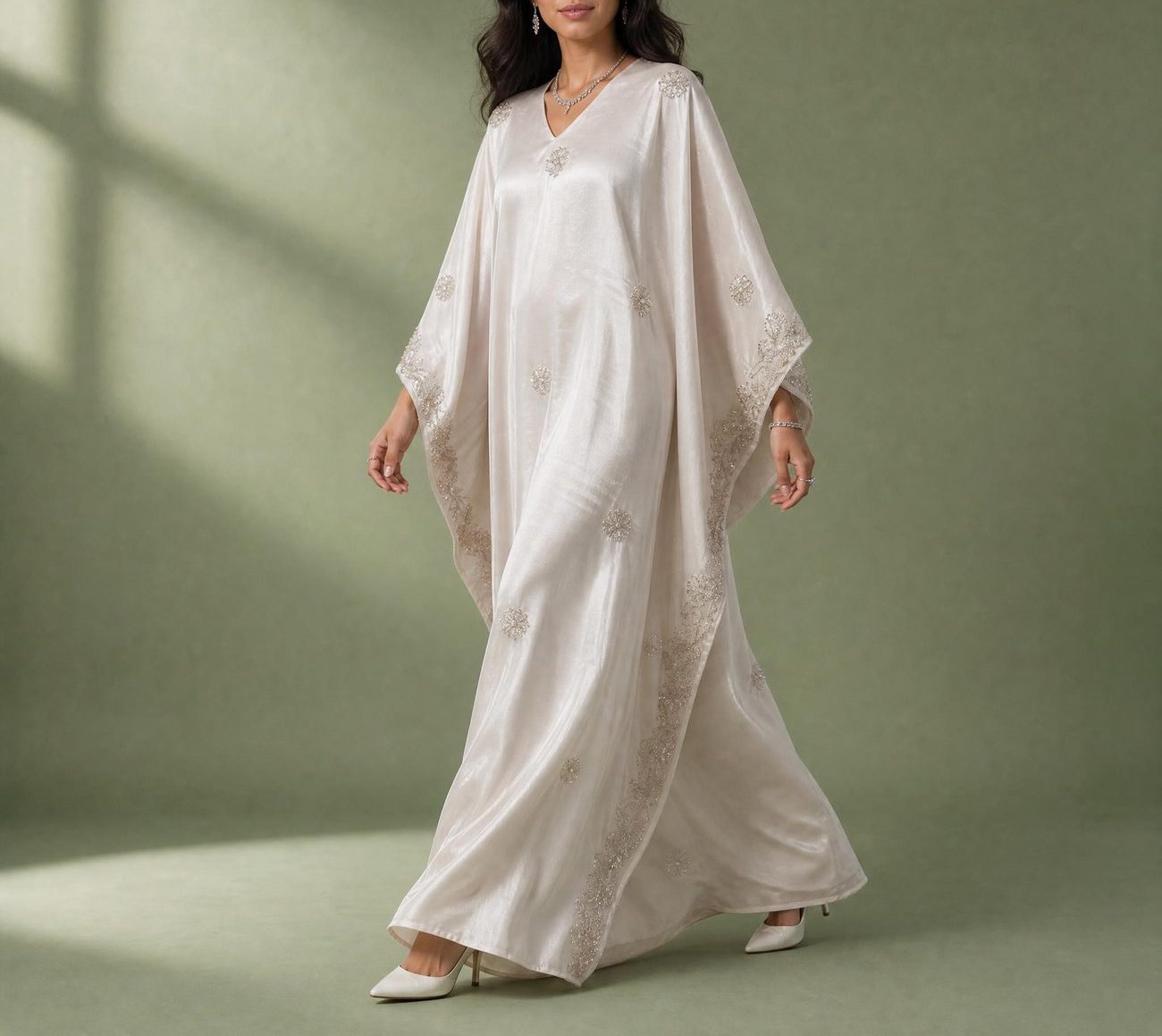 Champagne — champagne satin beaded kaftan